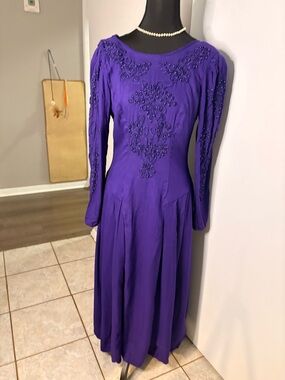 Vintage Kathie Lee Collection Deep Purple Beaded Long Sleeve Dress
